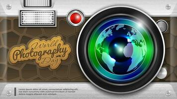 World Photography Day with Globe Inside the Camera Lens Background vector