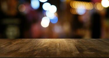 Empty wooden table in front of abstract blurred background of coffee shop . can be used for display or montage your products.Mock up for display of product photo