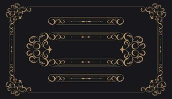 Golden border frame set template with ornamental corner lines and ornament circles inside, vector frame decoration pattern style