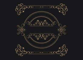 Golden border frame set template with ornamental corner lines, oval or circle shape, vector frame decoration pattern style