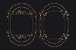 Golden border frame set template with ornamental corner lines, oval or circle shape, vector frame decoration pattern style