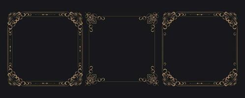 Golden border frame set template with ornamental corner lines, oval or circle shape, vector frame decoration pattern style