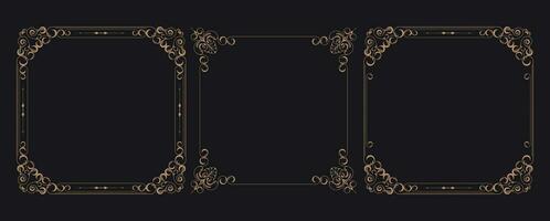 Golden border frame set template with ornamental corner lines, oval or circle shape, vector frame decoration pattern style