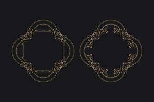 Golden border frame set template with ornamental corner lines, oval or circle shape, vector frame decoration pattern style
