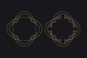 Golden border frame set template with ornamental corner lines, oval or circle shape, vector frame decoration pattern style