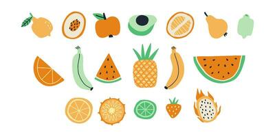 conjunto de frutas dibujado en plano estilo. verano, playa, descansar. mano dibujado vector ilustración