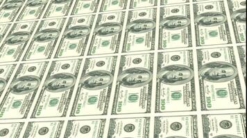 Dollar printing process animation Inflation and deflation concept. Camera flying over One hundred dollar banknotes. Stacks of large amount 100 USA dollars banknote. American dollar paper Cash money. video