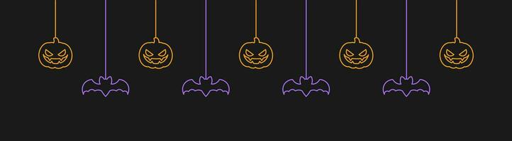 Happy Halloween banner or border with glowing bats and jack o lantern pumpkins. Hanging Spooky Ornaments Decoration Vector illustration, trick or treat party invitation