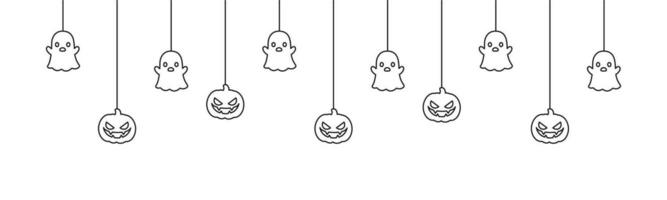 Happy Halloween banner or border with ghost and jack o lantern pumpkins outline doodle. Hanging Spooky Ornaments Decoration Vector illustration, trick or treat party invitation