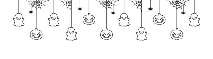 Happy Halloween banner or border with ghost and jack o lantern pumpkins outline doodle. Hanging Spooky Ornaments Decoration Vector illustration, trick or treat party invitation