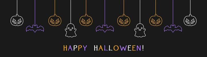 Happy Halloween banner or border with bats, ghost and jack o lantern pumpkins. Glowing Hanging Spooky Ornaments Decoration Vector illustration, trick or treat party invitation