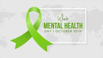 World Mental Health Day October 10th animation with green ribbon and frame on world map background video