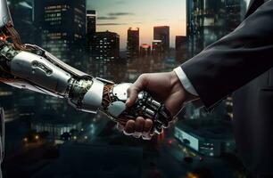 Robot and businessman in handshake. Concept of human robot relationships. photo