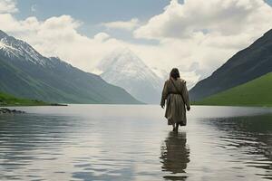 Back view of Jesus Christ walking on water photo