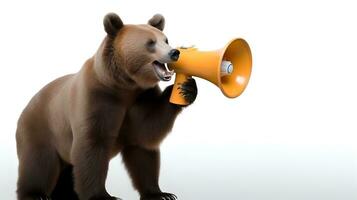 Bear announcing using hand speaker. Notifying, warning, announcement photo