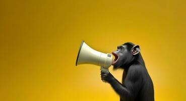 Chimpanzee monkey announcing using hand speaker. Notifying, warning, announcement photo