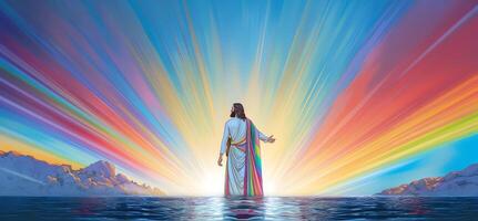 Jesus Christ walking on water at the sea. with colors of rainbow. photo