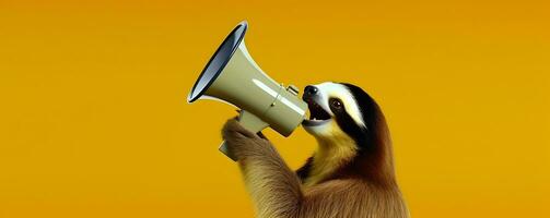 Sloth announcing using hand speaker. Notifying, warning, announcement photo