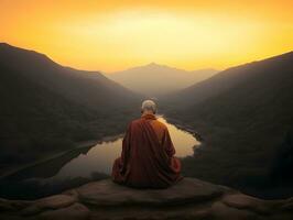 Buddhist monk in meditation on mountaintop at beautiful sunset or sunrise photo