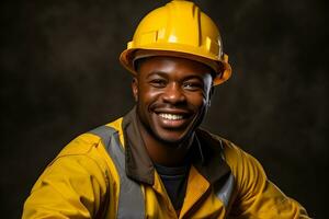 Afro american industrial worker. Concept of safety measures, skilled labour and workforce. photo