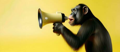 Chimpanzee monkey announcing using hand speaker. Notifying, warning, announcement photo