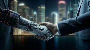 Robot and businessman in handshake. Concept of human robot relationships. photo