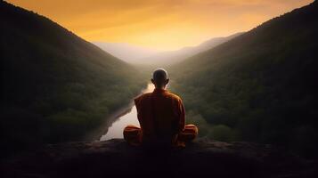 Buddhist monk in meditation on mountaintop at beautiful sunset or sunrise photo