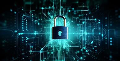 Lock on circuit pattern. Concept of data security and cybersecurity photo