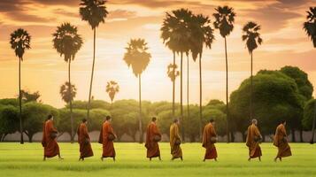 Buddhist monks walking across green field with palm trees in morning photo