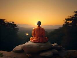 Buddhist monk in meditation on mountaintop at beautiful sunset or sunrise photo