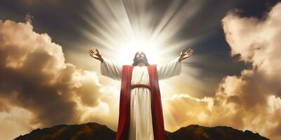 Resurrected Jesus Christ with background of sun rays and clouds. photo