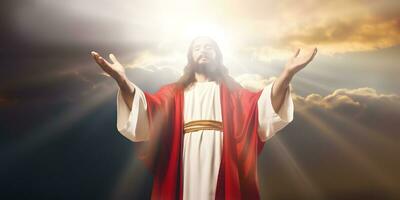 Resurrected Jesus Christ with background of sun rays and clouds. photo