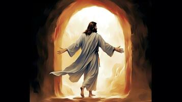 Resurrection of Jesus Christ from empty tomb. photo