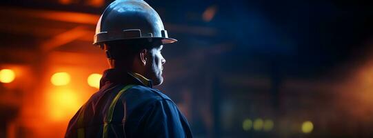 Caucasian industrial worker at night. Concept of safety measures, skilled labour and workforce. photo