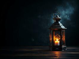 Beautiful lantern with a candle on it in front of a dark background generative ai photo