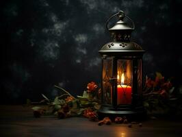 Beautiful lantern with a candle on it in front of a dark background generative ai photo