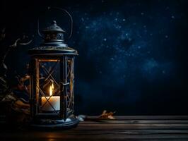 Beautiful lantern with a candle on it in front of a dark background generative ai photo