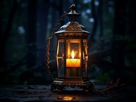 Beautiful lantern with a candle on it in front of a dark background generative ai photo