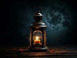 Beautiful lantern with a candle on it in front of a dark background generative ai photo