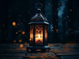 Beautiful lantern with a candle on it in front of a dark background generative ai photo