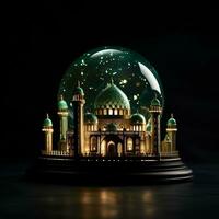 Beautiful mosque with a green dome isolated on black background generative ai photo