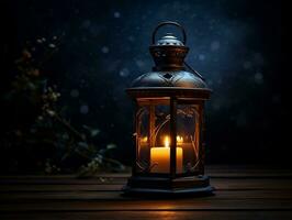 Beautiful lantern with a candle on it in front of a dark background generative ai photo