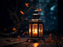 Beautiful lantern with a candle on it in front of a dark background generative ai photo