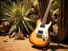 A guitar lying on the ground next to a cactus generative ai photo