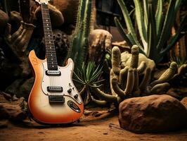 A guitar lying on the ground next to a cactus generative ai photo