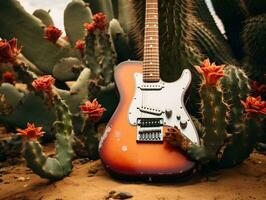 A guitar lying on the ground next to a cactus generative ai photo