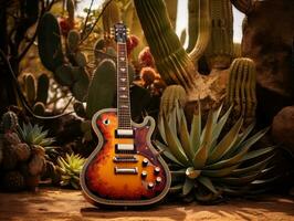 un guitarra acostado en el suelo siguiente a un cactus generativo ai foto