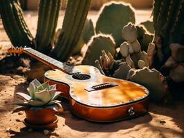 un guitarra acostado en el suelo siguiente a un cactus generativo ai foto