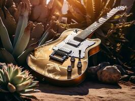 A guitar lying on the ground next to a cactus generative ai photo