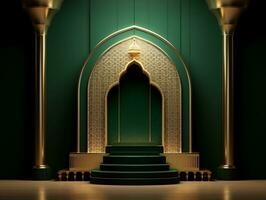 Islamic podium in green and gold generative ai photo